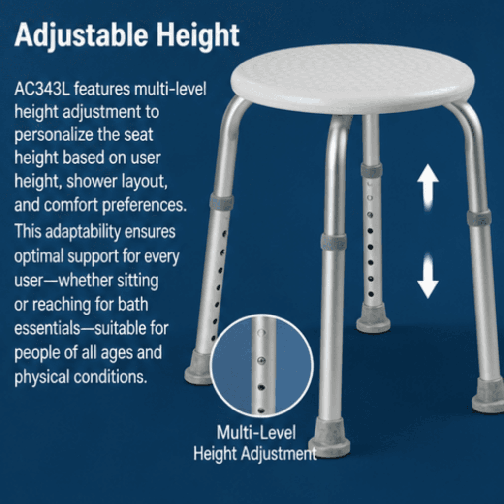 AndCare China Real Factory AC343L adjustable leg height with push-button Bath Stool Amazon Hot Selling Supplier OEM Wholesale ISO 13485 CE FDA