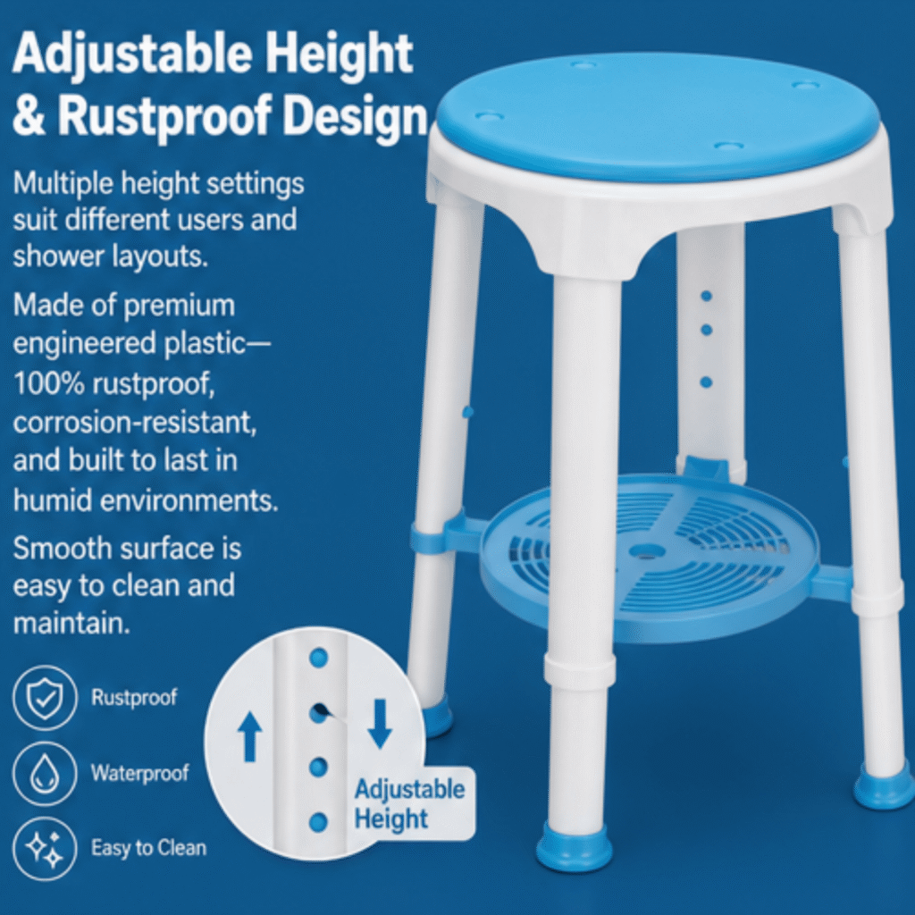 AndCare China Real Factory AC345 all-plastic bath stool with storage shelf Bath Stool Amazon Hot Selling Supplier OEM Wholesale ISO 13485 CE FDA