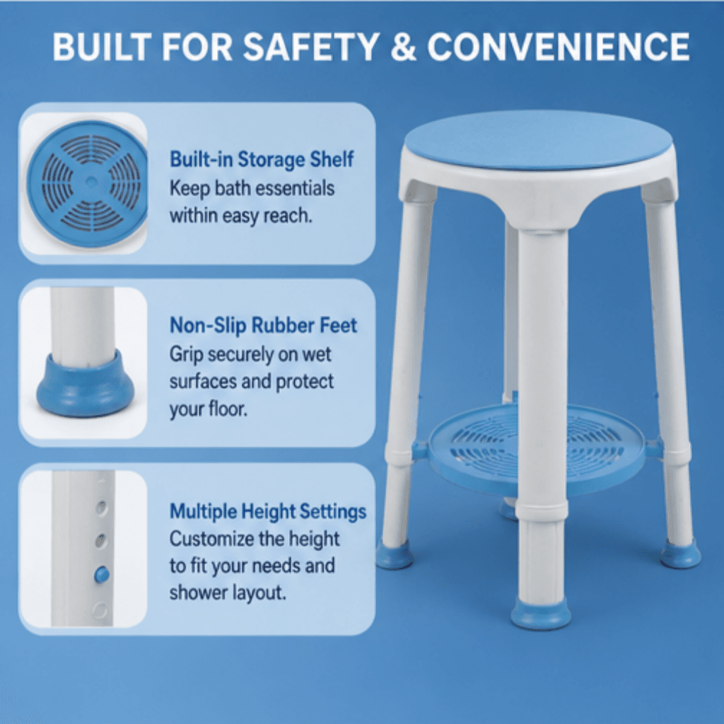 AndCare China Real Factory AC3451 all-plastic swivel bath stool with tray Bath Stool Amazon Hot Selling Supplier OEM Wholesale ISO 13485 CE FDA