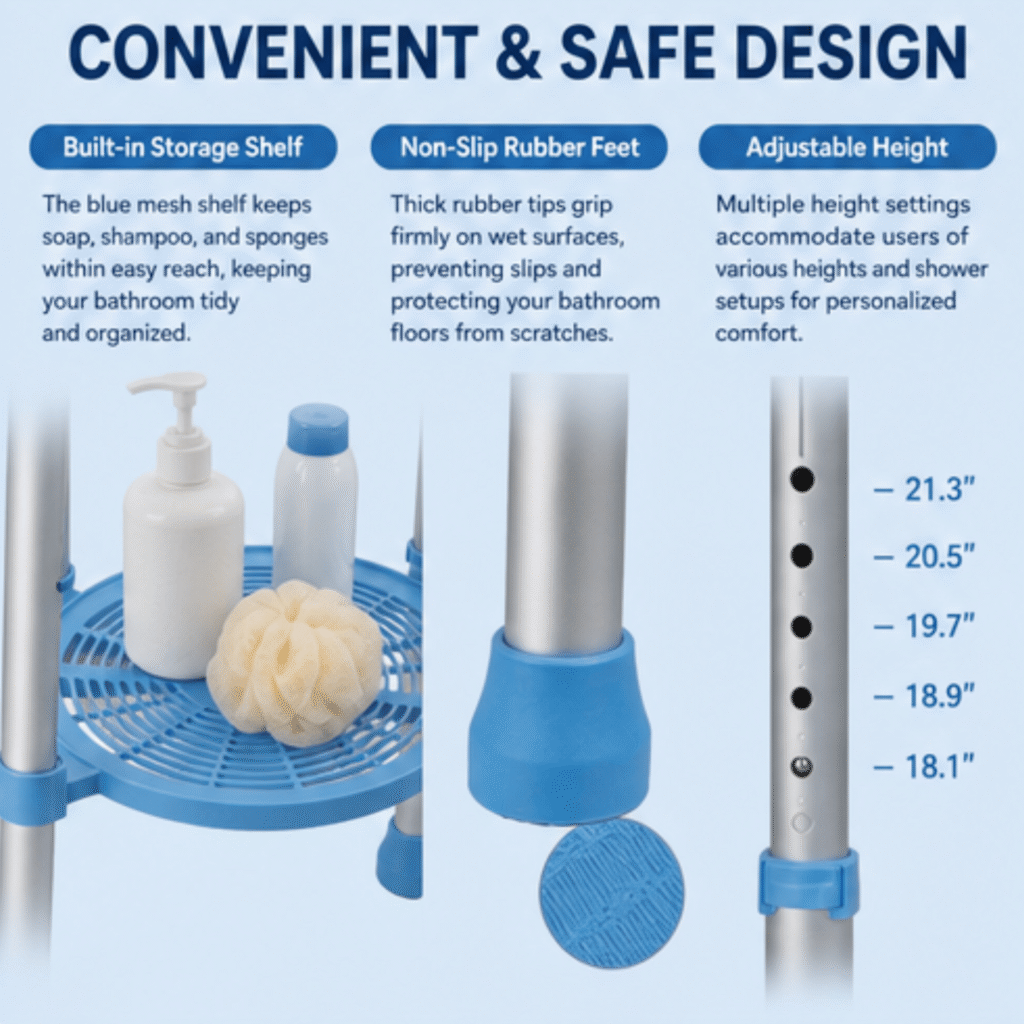 AndCare China Real Factory AC3451L aluminum bath stool with blue swivel seat Bath Stool Amazon Hot Selling Supplier OEM Wholesale ISO 13485 CE FDA