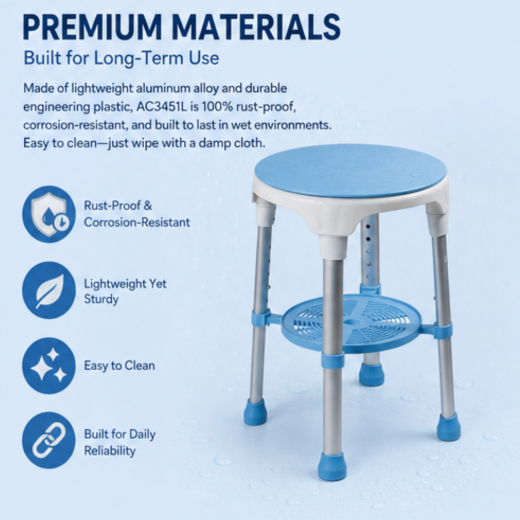 AndCare China Real Factory AC3451L anodized aluminum tube legs Bath Stool Amazon Hot Selling Supplier OEM Wholesale ISO 13485 CE FDA