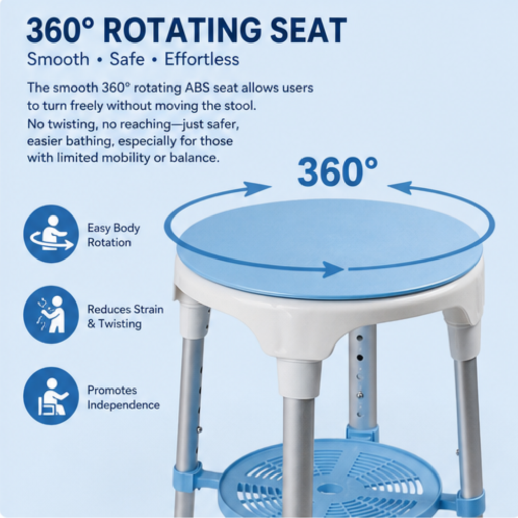 AndCare China Real Factory AC3451L blue rotatable seat with tray Bath Stool Amazon Hot Selling Supplier OEM Wholesale ISO 13485 CE FDA