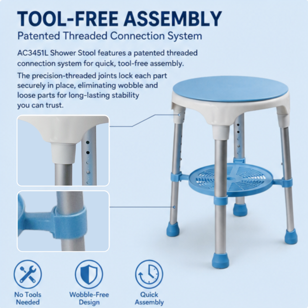 AndCare China Real Factory AC3451L stable four-leg rubber tip base Bath Stool Amazon Hot Selling Supplier OEM Wholesale ISO 13485 CE FDA