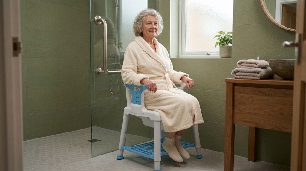AndCare China Real Factory AC3452 shower commode chair in bedside care All-Plastic Shower and Commode (with Bucket & Storage) Amazon Hot Selling Supplier OEM Wholesale ISO 13485 CE FDA
