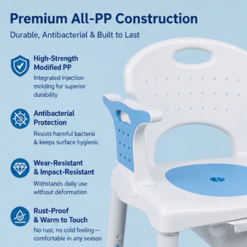 AndCare China Real Factory AC3452 wide curved seat with armrests All-Plastic Shower and Commode (with Bucket & Storage) Amazon Hot Selling Supplier OEM Wholesale ISO 13485 CE FDA