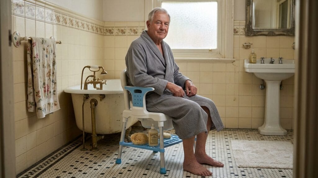 AndCare China Real Factory AC3452L elderly using commode chair in care home Aluminum Shower and Commode (with Bucket & Storage) Amazon Hot Selling Supplier OEM Wholesale ISO 13485 CE FDA