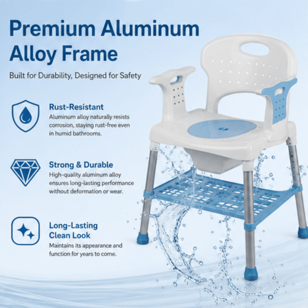 AndCare China Real Factory AC3452L lower storage shelf design Aluminum Shower and Commode (with Bucket & Storage) Amazon Hot Selling Supplier OEM Wholesale ISO 13485 CE FDA