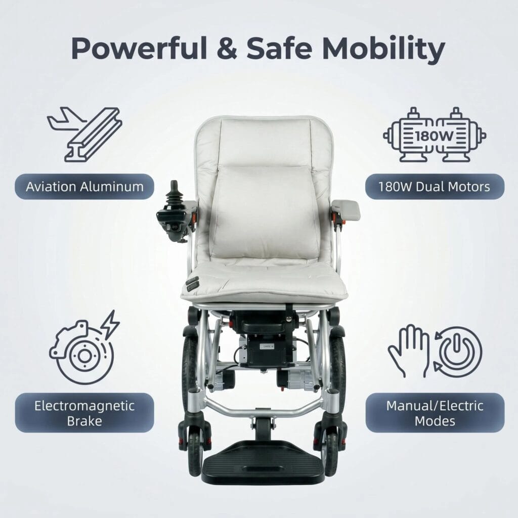 AndCare China Real Factory AC575LE-12 Electric Wheelchair Aviation Aluminum 180W Dual Motors Amazon Hot Selling Supplier OEM ISO 13485 CE FDA
