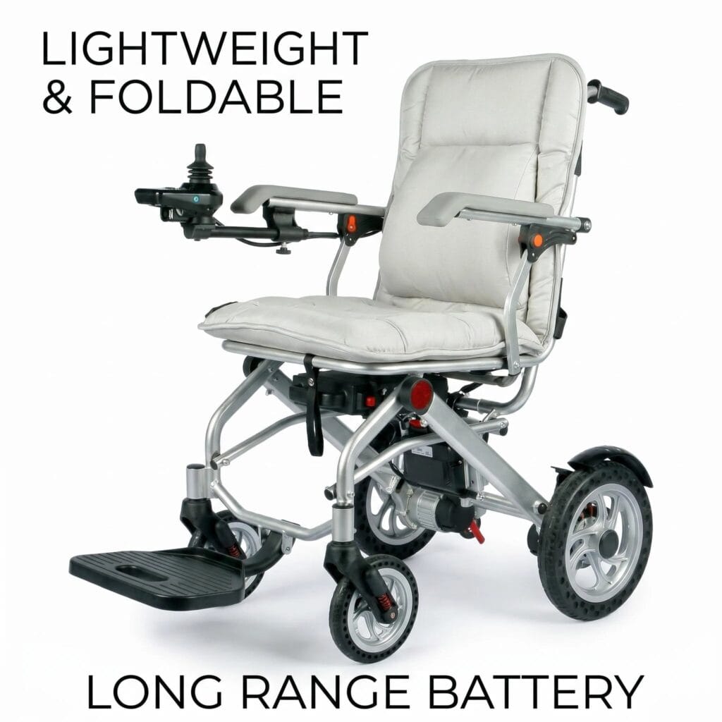 AndCare China Real Factory AC575LE-12 Aluminum Lightweight Foldable Electric Wheelchair Long Range Battery Amazon Hot Selling Supplier OEM Wholesale ISO 13485 CE FDA