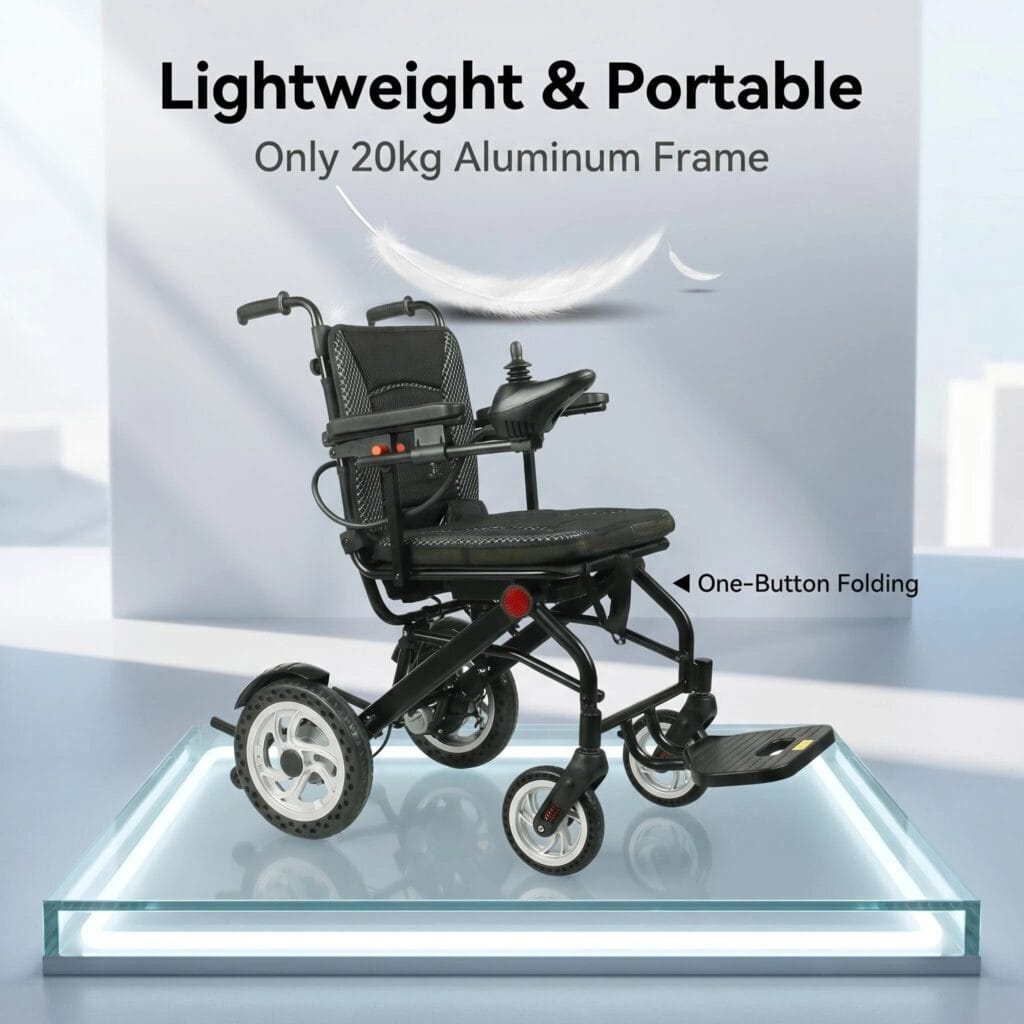 AndCare AC576LE-12 China Real Factory Aluminum Lightweight Electric Wheelchair Only 20kg Aluminum Frame One Button Folding Portable Travel Amazon Hot Selling Supplier OEM Wholesale ISO 13485 CE FDA