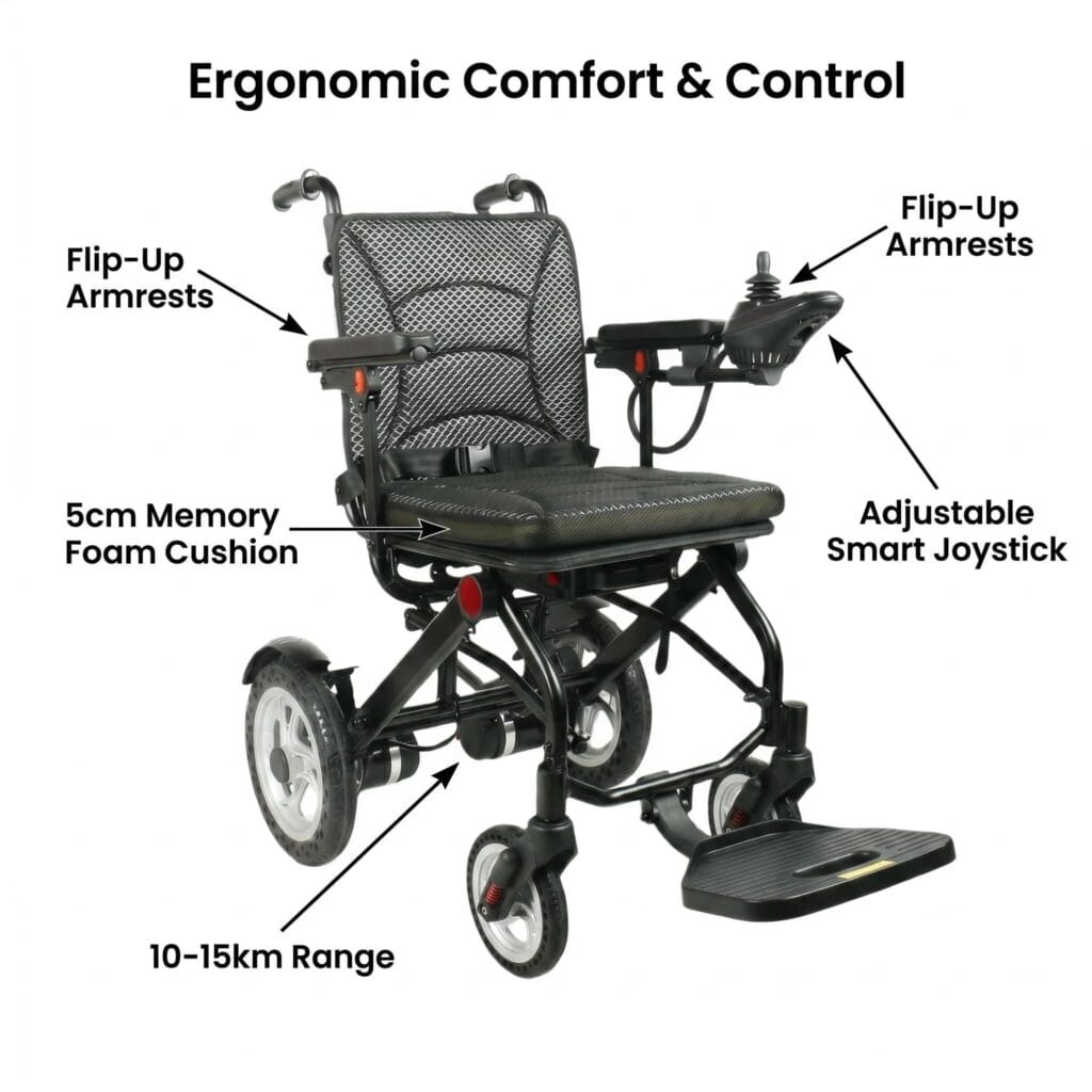 AndCare AC576LE-12 China Real Factory Aluminum Lightweight Electric Wheelchair Aluminum Alloy Frame One Button Folding 180W Motor Auto Brake Amazon Hot Selling Supplier OEM Wholesale ISO 13485 CE FDA