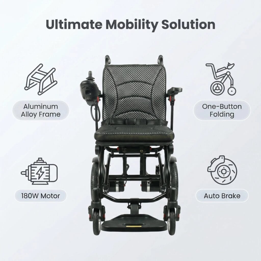AndCare AC576LE-12 China Real Factory Aluminum Lightweight Electric Wheelchair Multi Angle View Front Side Back 12 Inch Honeycomb Wheel Amazon Hot Selling Supplier OEM Wholesale ISO 13485 CE FDA