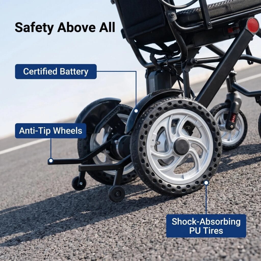 AndCare AC576LE-12 China Real Factory Aluminum Lightweight Electric Wheelchair Certified Battery Anti Tip Wheels Shock Absorbing PU Tires Safety Features Amazon Hot Selling Supplier OEM Wholesale ISO 13485 CE FDA