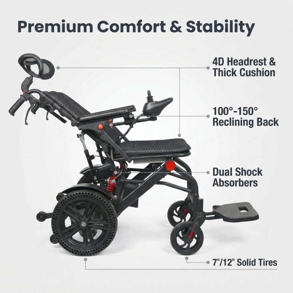 AndCare China Real Factory AC576LGE-12 Reclining Electric Wheelchair 4D Headrest 150 Degree Back Dual Shock Absorbers Amazon Hot Selling Supplier OEM ISO 13485 CE FDA