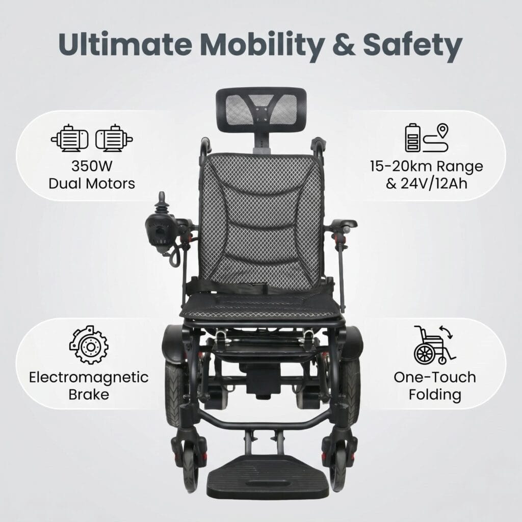 AndCare China Real Factory AC576LGE-12 Reclining Electric Wheelchair Dual Motors Electromagnetic Brake Folding Amazon Hot Selling Supplier OEM ISO 13485 CE FDA