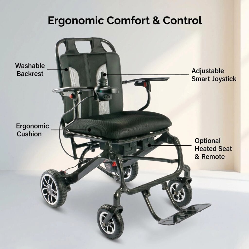 AndCare China Real Factory AC578TE-10 Carbon Fiber Electric Wheelchair Ergonomic Cushion Smart Joystick Heated Seat Remote Amazon Hot Selling Supplier OEM ISO 13485 CE FDA