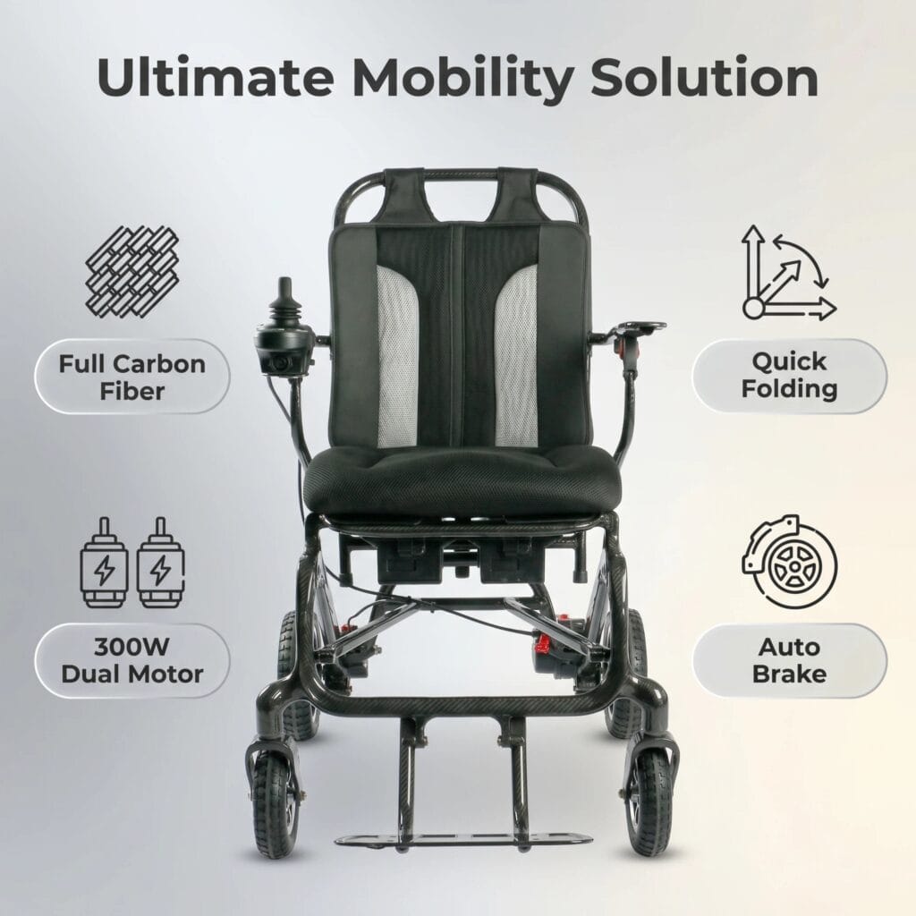 AndCare China Real Factory AC578TE-10 Carbon Fiber Electric Wheelchair 300W Dual Motor Quick Folding Auto Brake Amazon Hot Selling Supplier OEM ISO 13485 CE FDA