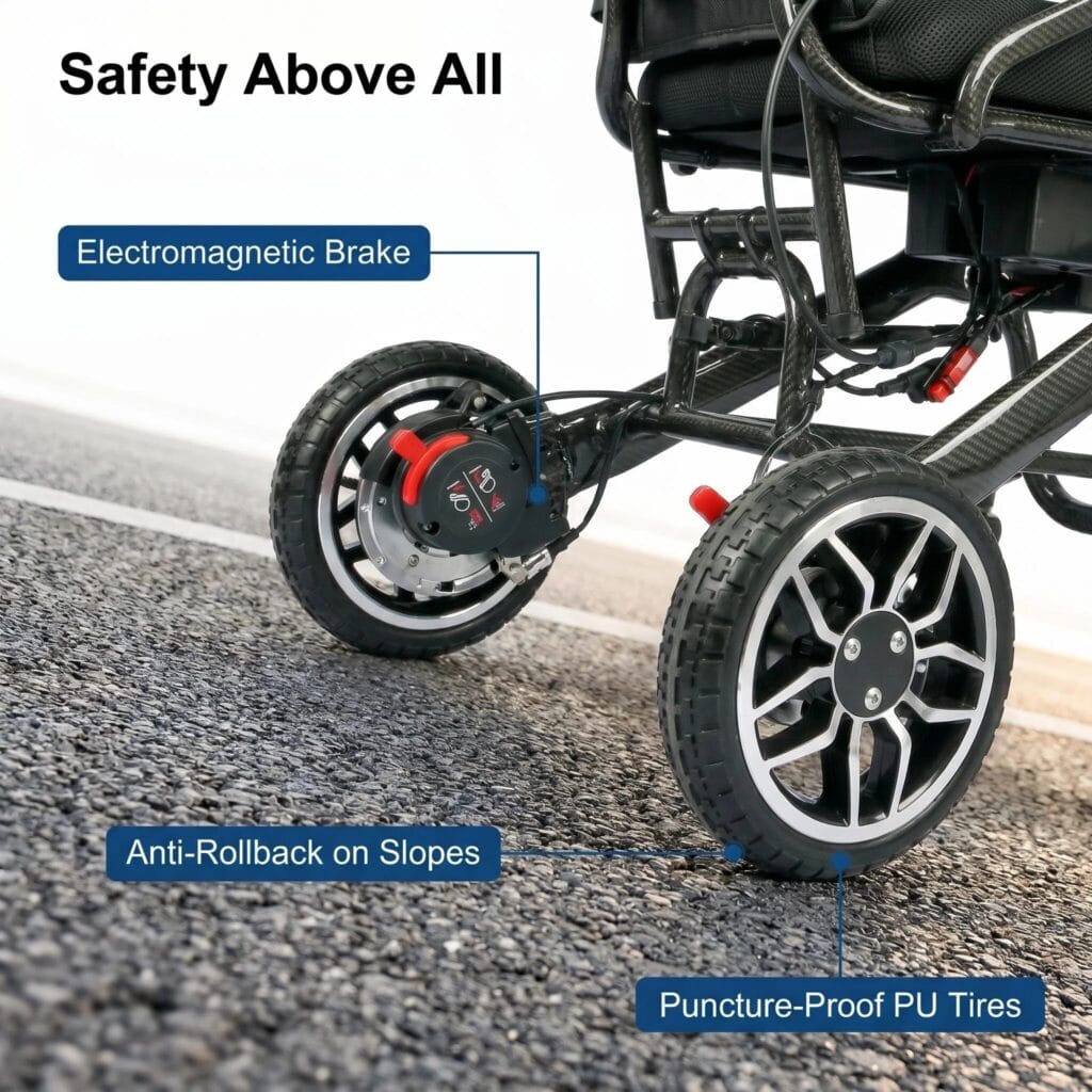 AndCare China Real Factory AC578TE-10 Carbon Fiber Electric Wheelchair Electromagnetic Brake Anti Rollback Puncture Proof PU Tires Amazon Hot Selling Supplier OEM ISO 13485 CE FDA