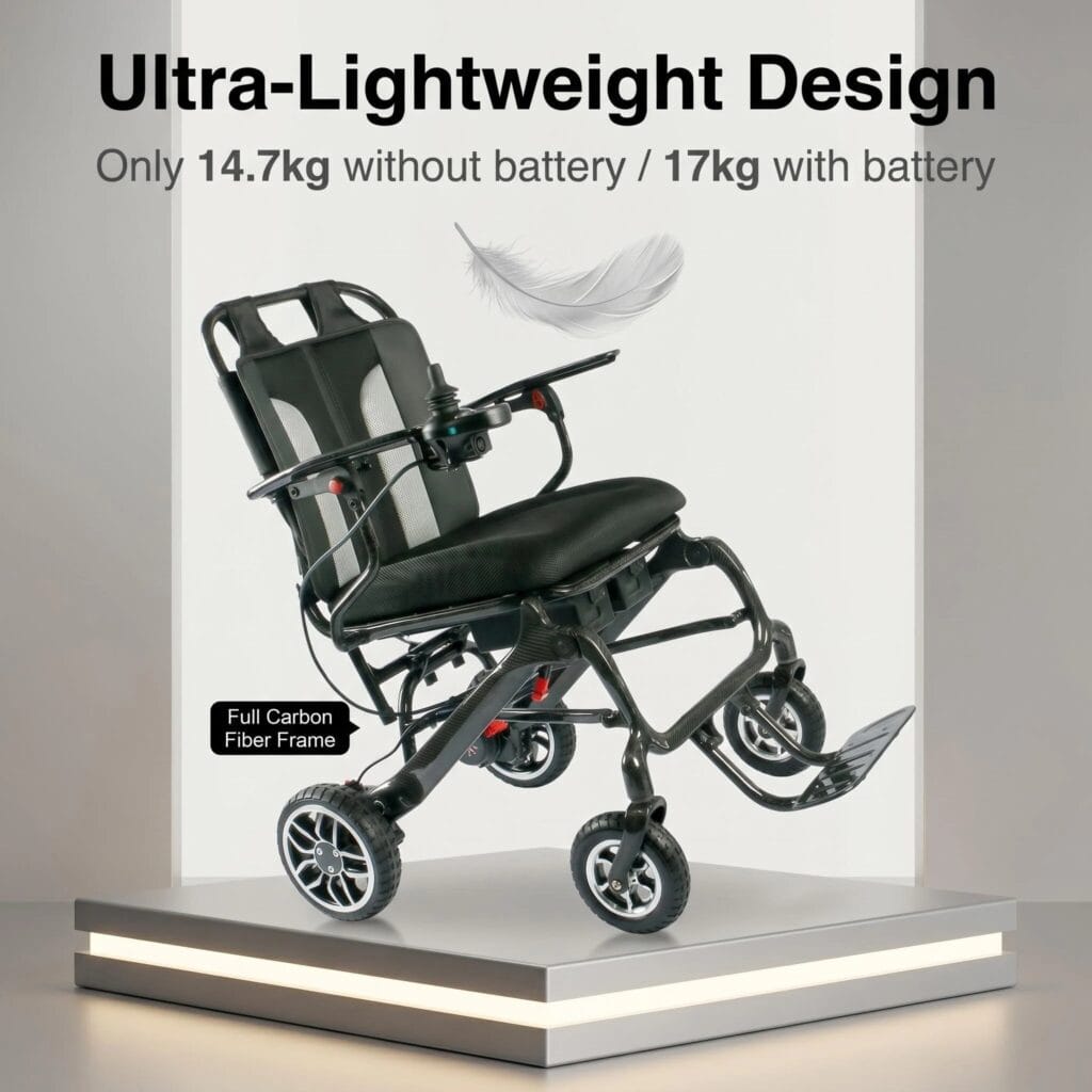 AndCare China Real Factory AC578TE-10 Carbon Fiber Electric Wheelchair 17kg Ultra Lightweight Folding Amazon Hot Selling Supplier OEM Wholesale ISO 13485 CE FDA