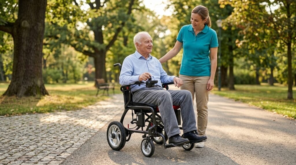 AndCare China Real Factory AC579TE-12 Carbon Fiber Electric Wheelchair Caregiver Assistance Seniors Amazon Hot Selling Supplier OEM Wholesale ISO 13485 CE FDA