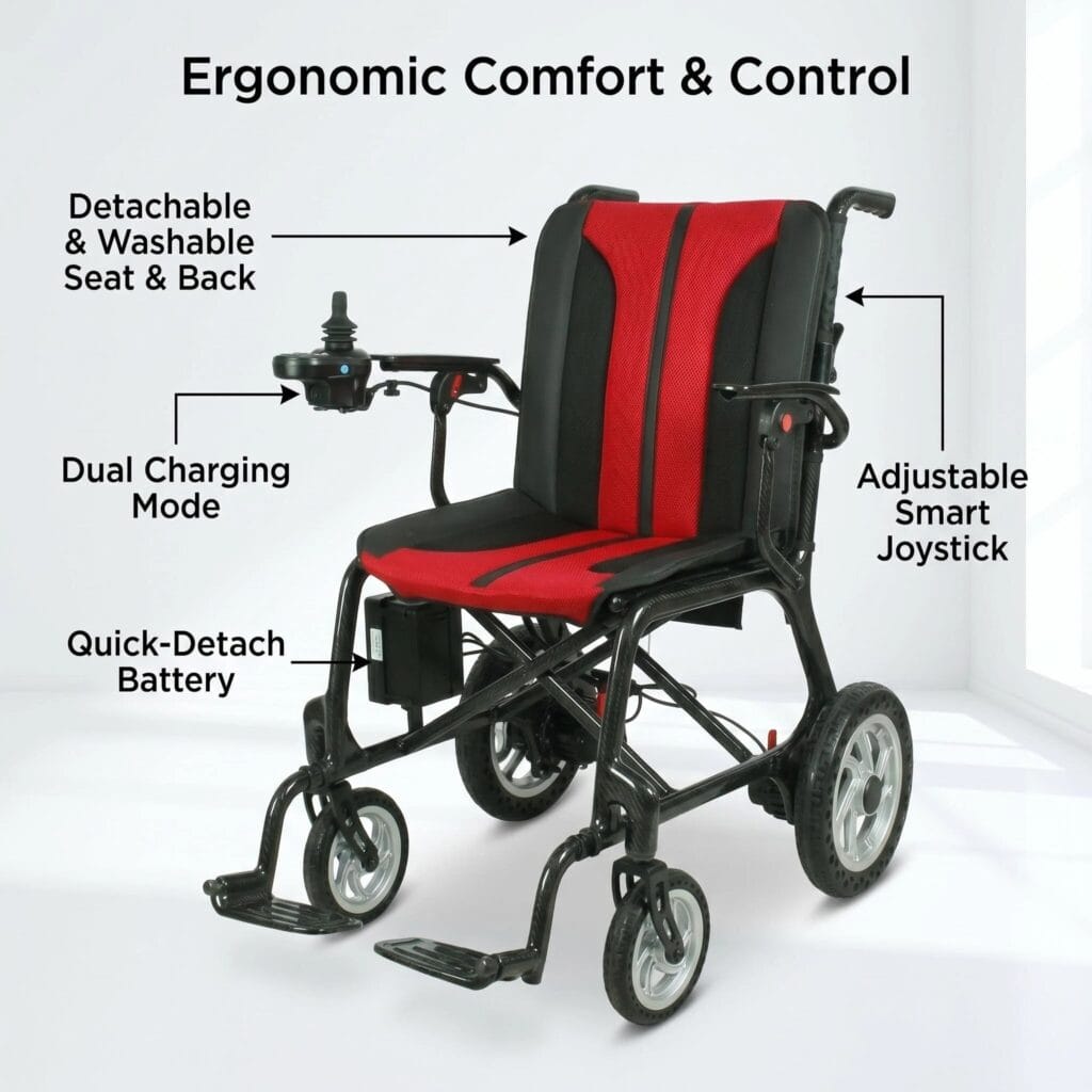 AndCare China Real Factory AC579TE-12 Carbon Fiber Electric Wheelchair Washable Seat Back Dual Charging Quick Detach Battery Smart Joystick Amazon Hot Selling Supplier OEM ISO 13485 CE FDA