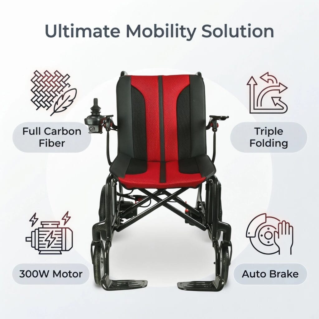 AndCare China Real Factory AC579TE-12 Carbon Fiber Electric Wheelchair 300W Motor Triple Folding Auto Brake Amazon Hot Selling Supplier OEM ISO 13485 CE FDA