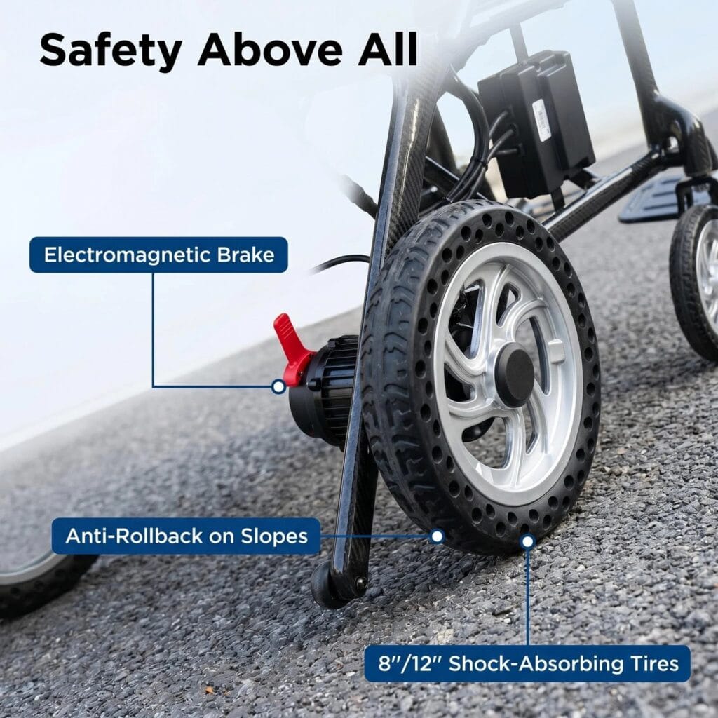 AndCare China Real Factory AC579TE-12 Carbon Fiber Electric Wheelchair Electromagnetic Brake Anti Rollback 8 12 Shock Absorbing Tires Amazon Hot Selling Supplier OEM ISO 13485 CE FDA