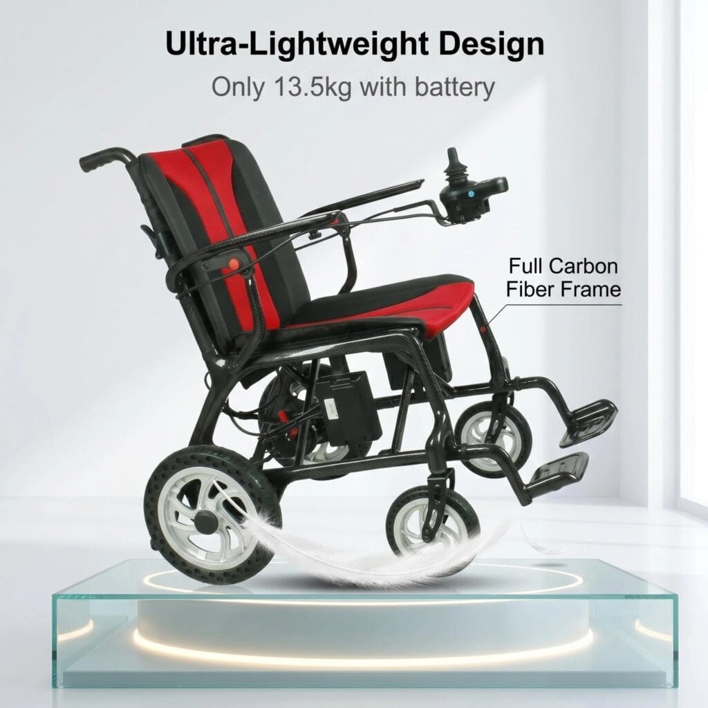 AndCare China Real Factory AC579TE-12 Carbon Fiber Electric Wheelchair 13.5kg Ultra Lightweight Triple Folding Amazon Hot Selling Supplier OEM Wholesale ISO 13485 CE FDA