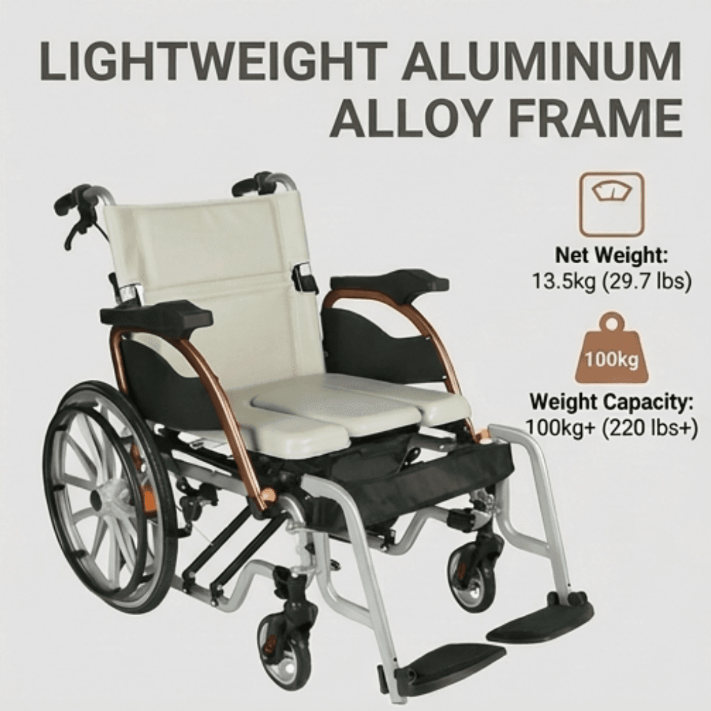 AndCare China Real Factory AC608L2 6-inch suspension front fork smooth ride comfort Aluminum Commode Manual Wheelchair Amazon Hot Selling Supplier OEM Wholesale ISO 13485 CE FDA