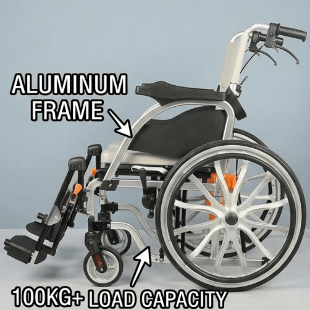 AndCare China Real Factory AC608L2C folding design and lightweight aluminum construction Aluminum Shock-Absorbing Commode Manual Wheelchair Amazon Hot Selling Supplier OEM Wholesale ISO 13485 CE FDA
