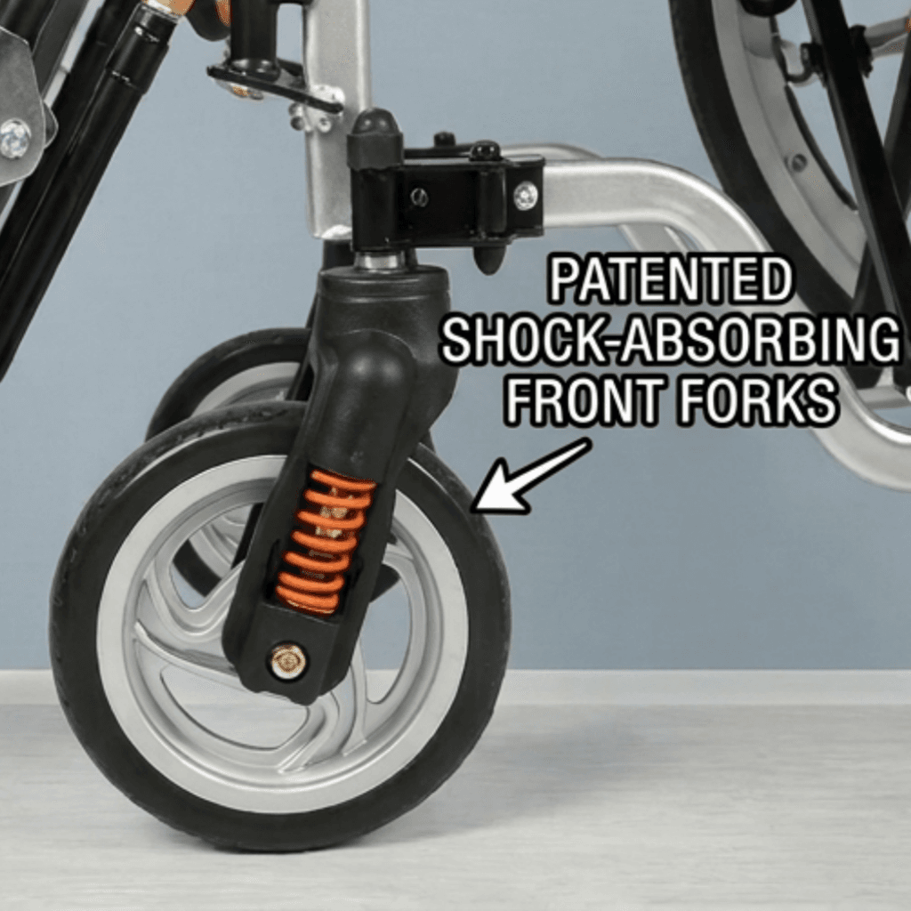 AndCare China Real Factory AC608L2C shock-absorbing aluminum commode wheelchair front view Aluminum Shock-Absorbing Commode Manual Wheelchair Amazon Hot Selling Supplier OEM Wholesale ISO 13485 CE FDA