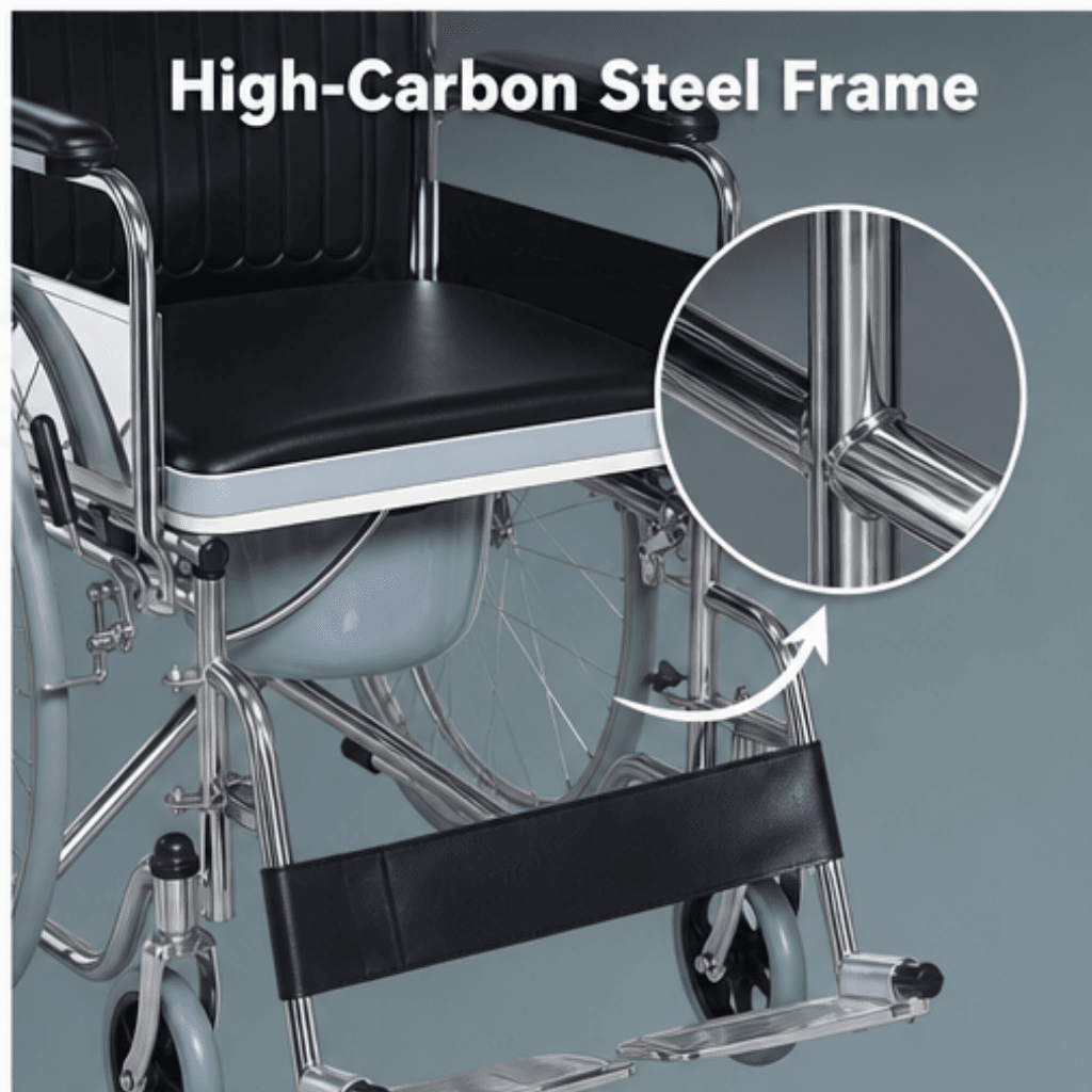AndCare China Real Factory AC609 side view showing commode bucket and footrest Steel Commode Wheelchair Amazon Hot Selling Supplier OEM Wholesale ISO 13485 CE FDA