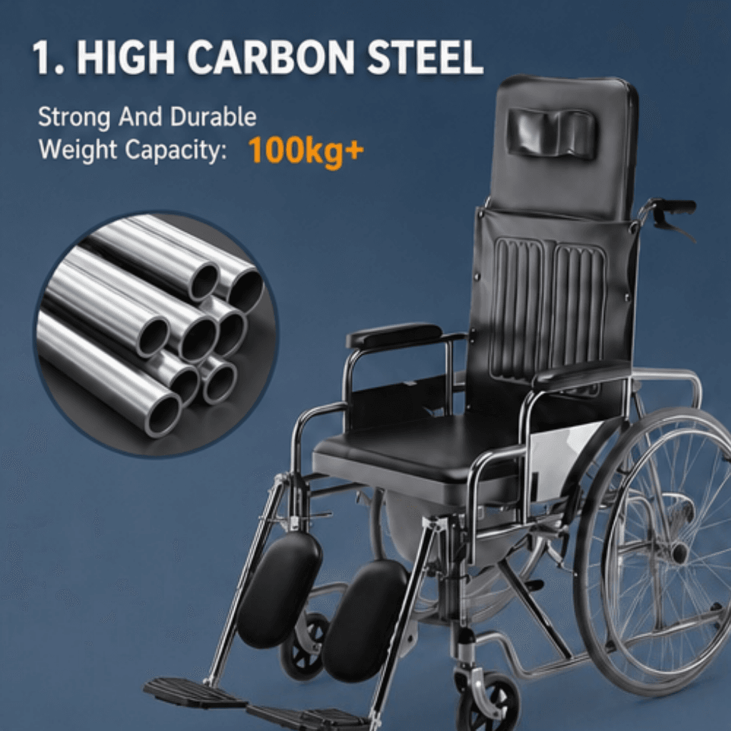 AndCare China Real Factory AC609GC 24-inch large rear wheels smooth maneuverability Steel Reclining Commode Wheelchair Amazon Hot Selling Supplier OEM Wholesale ISO 13485 CE FDA