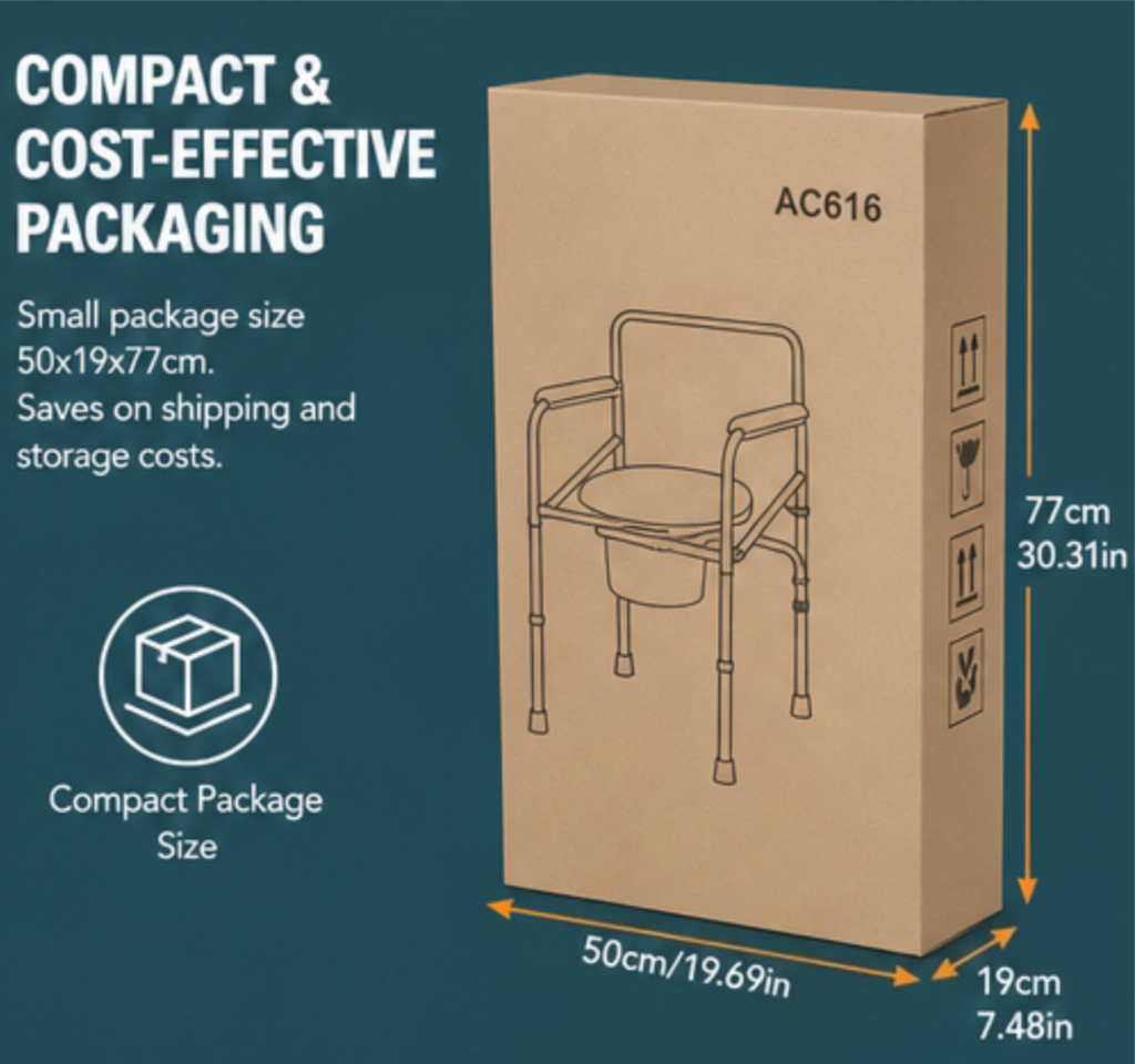 AndCare China Real Factory AC616 compact cost-effective packaging size Commode Chair Amazon Hot Selling Supplier OEM Wholesale ISO 13485 CE FDA