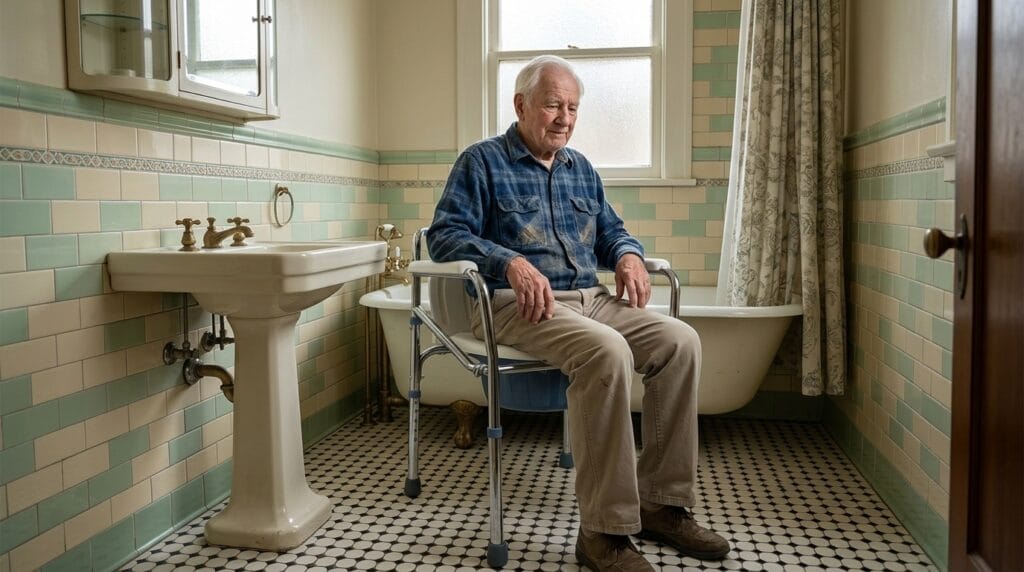 AndCare China Real Factory AC616 elderly man sitting on bedside commode in bathroom Commode Chair Amazon Hot Selling Supplier OEM Wholesale ISO 13485 CE FDA
