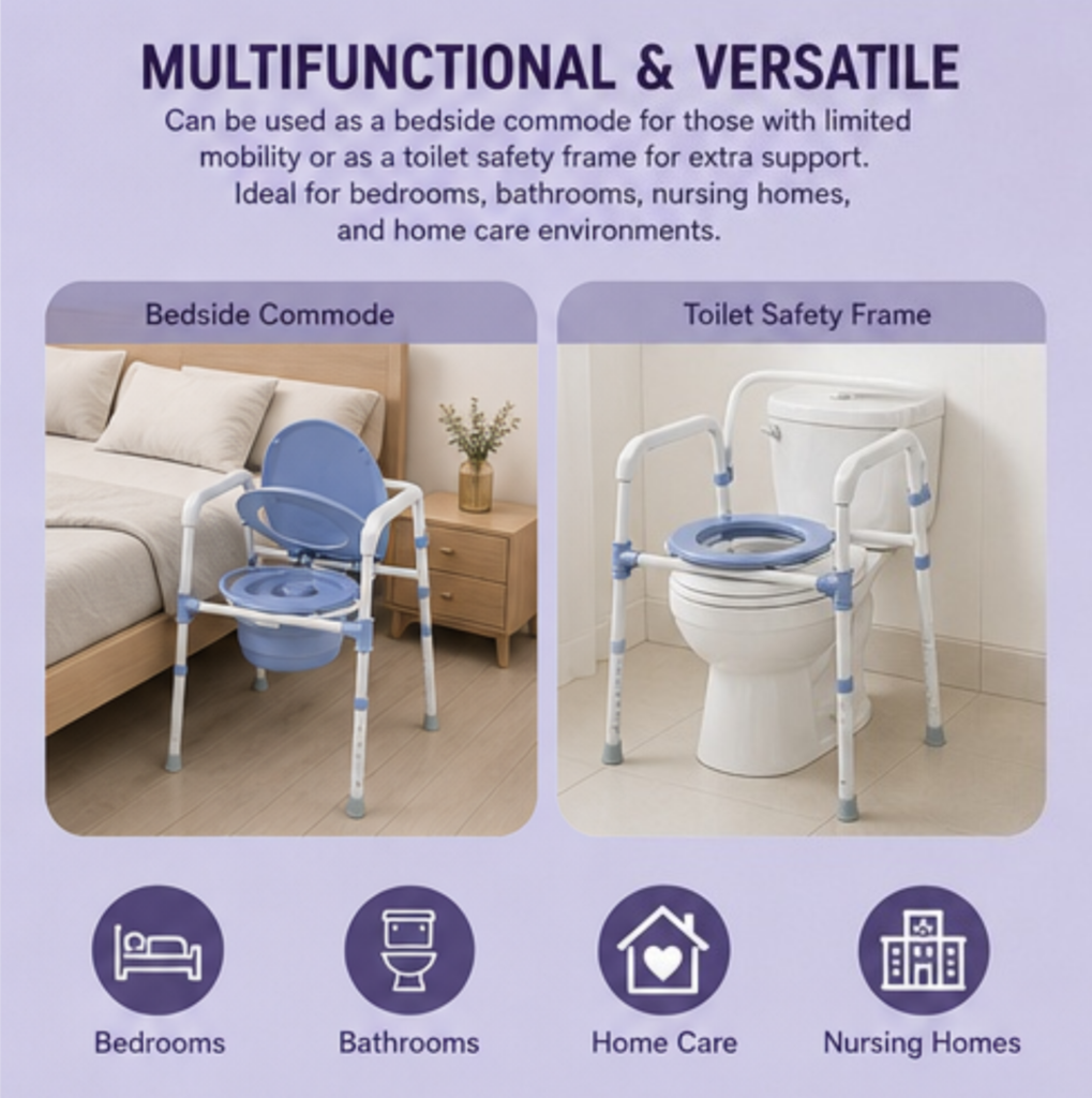 AndCare China Real Factory AC618 multifunctional bedside commode or toilet safety frame Commode Chair Amazon Hot Selling Supplier OEM Wholesale ISO 13485 CE FDA