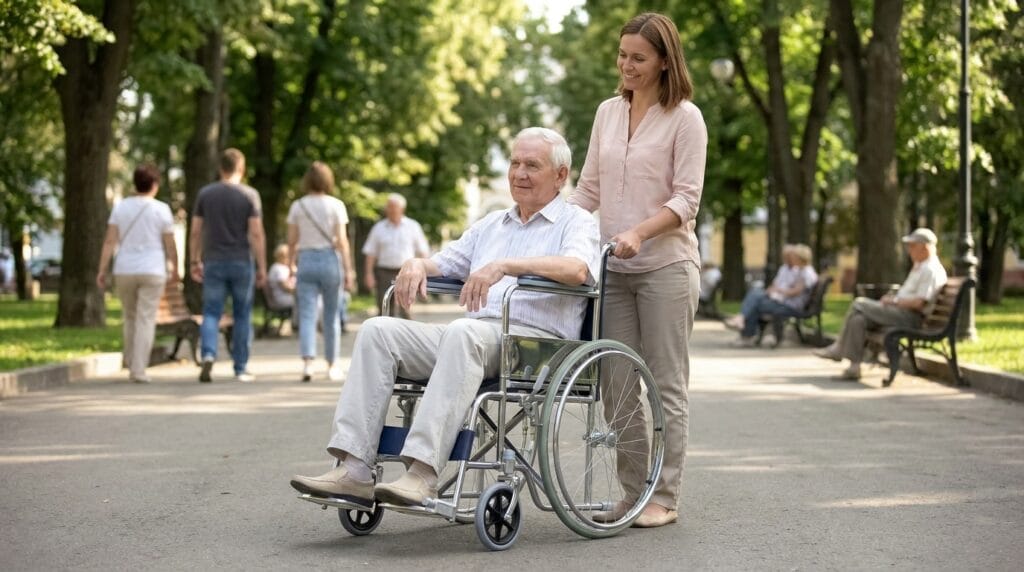 AndCare China Real Factory AC809 elderly outdoor scene with standard steel manual wheelchair Steel Manual Wheelchair Amazon Hot Selling Supplier OEM Wholesale ISO 13485 CE FDA