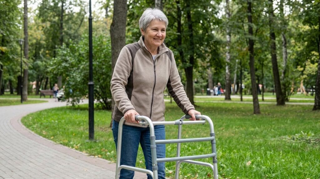 AndCare China Real Factory AC811L Aluminum Walker Lifestyle Scene - Senior Using Standard Folding Walker Park Walking - Amazon Hot Selling Supplier OEM Wholesale ISO 13485 CE FDA