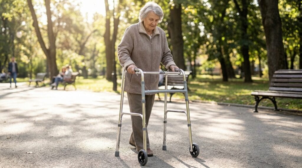 AndCare China Real Factory AC812L-5 Aluminum Walker with Wheels Lifestyle Scene - Senior Using Folding Walker with 5-inch Front Wheels Park Walking - Amazon Hot Selling Supplier OEM Wholesale ISO 13485 CE FDA
