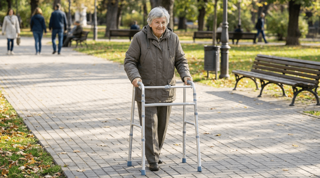 AndCare China Real Factory AC812L Aluminum Walker Lifestyle Scene - Senior Using Wide Folding Walker Park Walking - Amazon Hot Selling Supplier OEM Wholesale ISO 13485 CE FDA