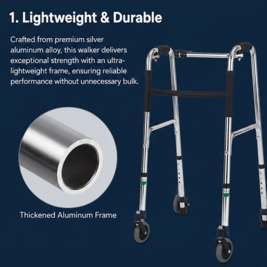 AndCare China Real Factory AC812LG-4 Aluminum Walker with Wheels 360° Swivel Wheels - 48×62cm, 78-95cm height, 2.3kg net - Amazon Hot Selling Supplier OEM Wholesale ISO 13485 CE FDA