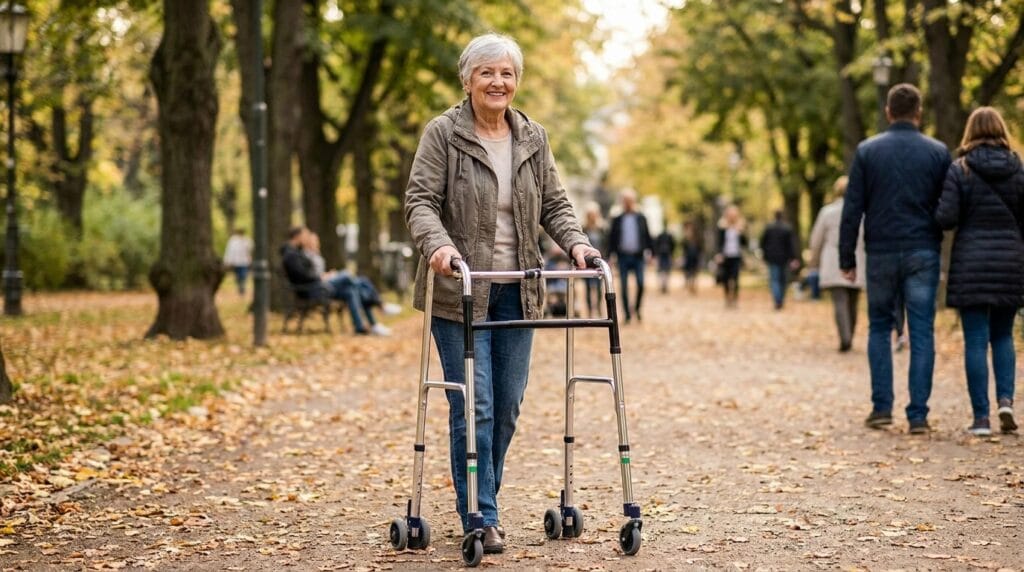 AndCare China Real Factory AC812LG-4 Aluminum Walker with Wheels Lifestyle Scene - Senior Using Folding Walker with 5-inch Front Casters + 3-inch Rear Shock-Absorbing Wheels Park Walking - Amazon Hot Selling Supplier OEM Wholesale ISO 13485 CE FDA