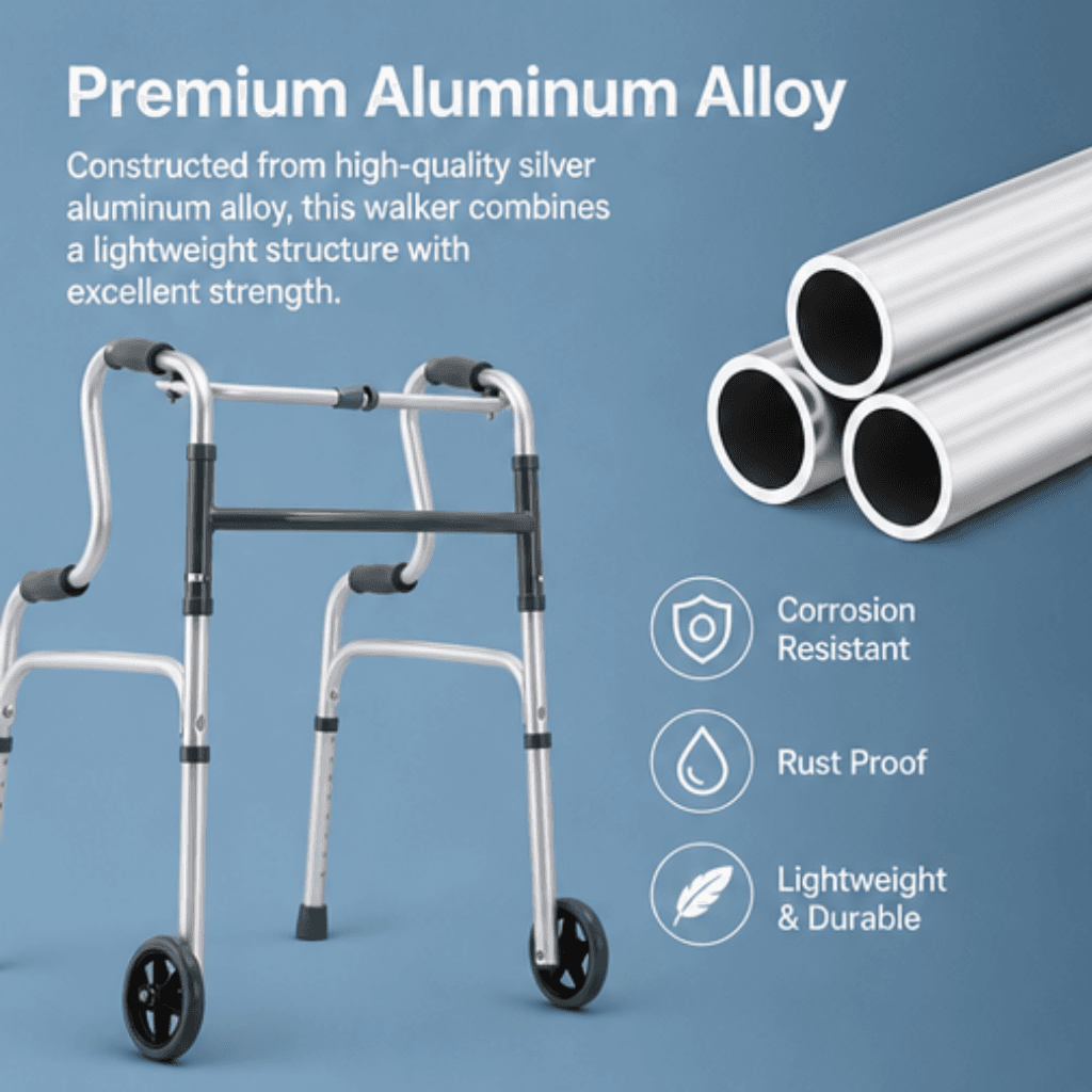 AndCare China Real Factory AC816L-5 Aluminum Walker with Wheels Feature Highlight - 63×56cm, 74-92cm height, 2.3kg net - Amazon Hot Selling Supplier OEM Wholesale ISO 13485 CE FDA
