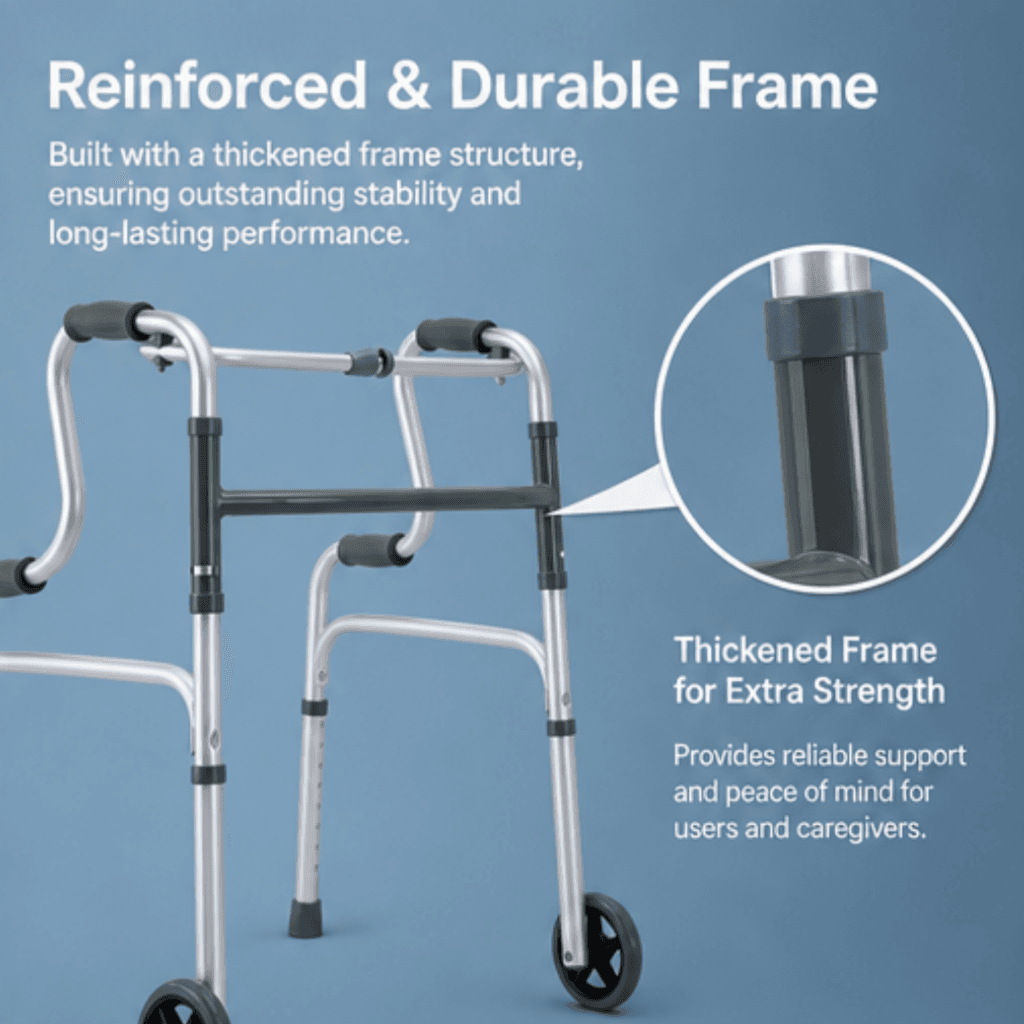 AndCare China Real Factory AC816L-5 Aluminum Walker with Wheels Durable Aluminum Construction - 63×56cm, 74-92cm height, 2.3kg net - Amazon Hot Selling Supplier OEM Wholesale ISO 13485 CE FDA
