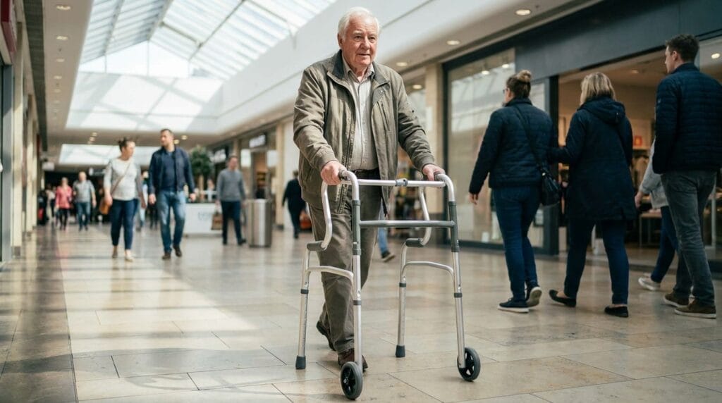 AndCare China Real Factory AC816L-5 Aluminum Walker with Wheels Lifestyle Scene - Senior Using Folding Walker with 5-inch Front Wheels (No Rear Wheels) Shopping Mall Walking - Amazon Hot Selling Supplier OEM Wholesale ISO 13485 CE FDA