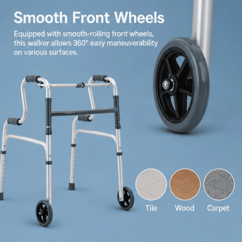 AndCare China Real Factory AC816L-5 Aluminum Walker with Wheels Smooth-Rolling Wheels - 63×56cm, 74-92cm height, 2.3kg net - Amazon Hot Selling Supplier OEM Wholesale ISO 13485 CE FDA