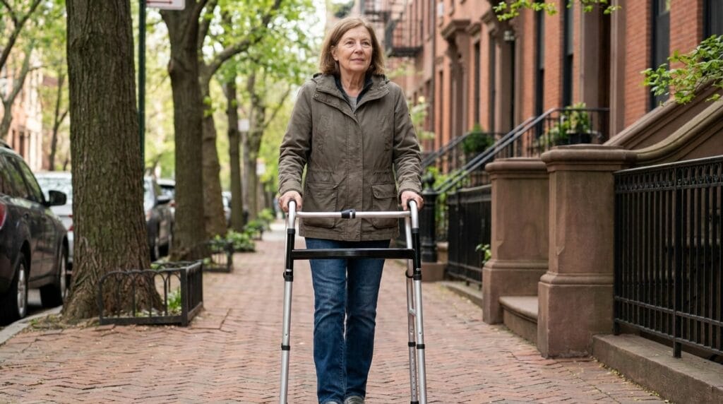 AndCare China Real Factory AC816L Aluminum Walker Lifestyle Scene - Senior Using Standard Walker with Black Rubber Feet Urban Street Walking - Amazon Hot Selling Supplier OEM Wholesale ISO 13485 CE FDA