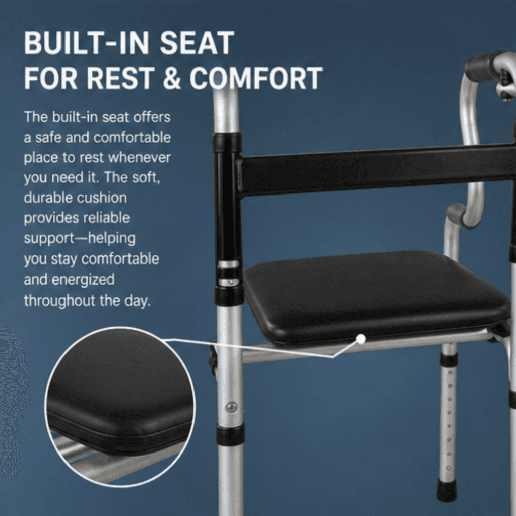 AndCare China Real Factory AC816L1-5 Aluminum Walker with Seat Built-in Seat Board - 63×56cm, 74-92cm height, 2.3kg net - Amazon Hot Selling Supplier OEM Wholesale ISO 13485 CE FDA
