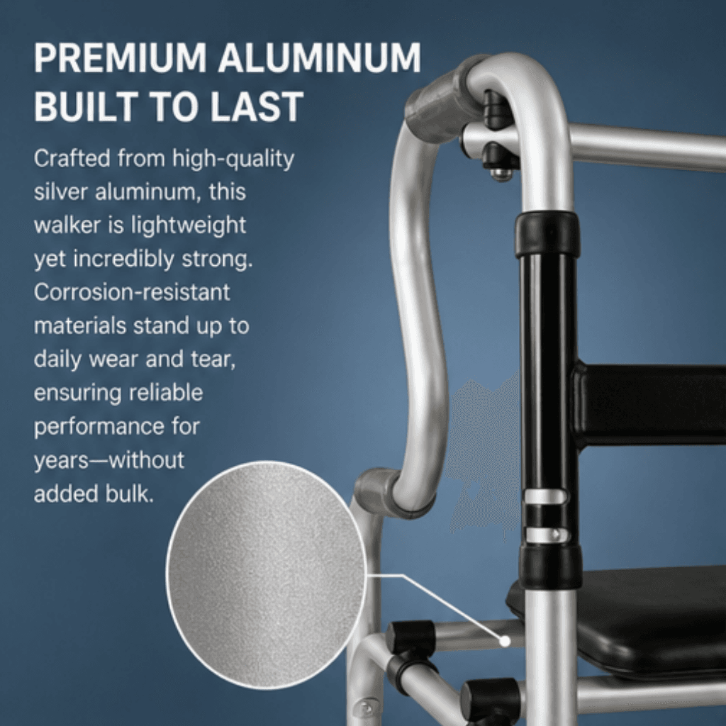 AndCare China Real Factory AC816L1-5 Aluminum Walker with Seat Feature Highlight - 63×56cm, 74-92cm height, 2.3kg net - Amazon Hot Selling Supplier OEM Wholesale ISO 13485 CE FDA