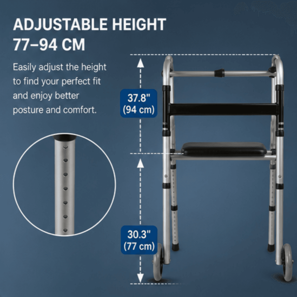 AndCare China Real Factory AC816L1-5 Aluminum Walker with Seat Reinforced Aluminum Frame - 63×56cm, 74-92cm height, 2.3kg net - Amazon Hot Selling Supplier OEM Wholesale ISO 13485 CE FDA